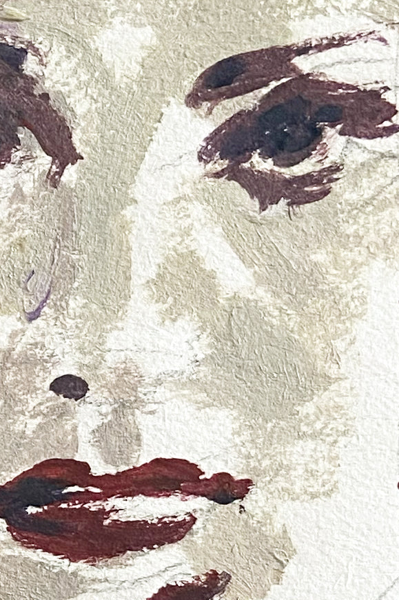 Gros plan du visage du personnage féminin de l'oeuvre de Liliane Phung (Autoportrait V ), œuvre figurative contemporaine en acrylique.