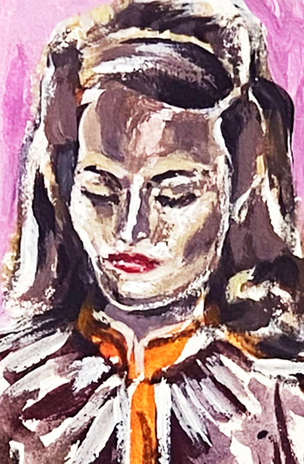 Détail de la peinture contemporaine figurative intitulée “Autoportrait XIV” de Liliane Phung. Le visage d'une femme élégante est représentées yeux baissés. L’œuvre explore les notions d’identité et de double regard. Style expressif, entre figuration narrative et art contemporain.