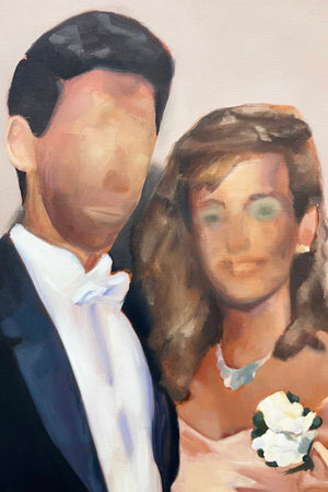Détail des visages du couple de Coming of Age – Emmet Kierans, huile sur toile (180 × 125 cm, 2024). Peinture figurative contemporaine représentant un couple lors d’un bal de promo, inspirée de la culture visuelle populaire. Œuvre originale à vendre.