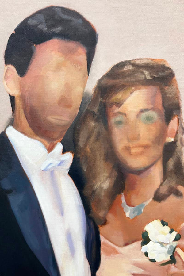 Détail des visages du couple de Coming of Age – Emmet Kierans, huile sur toile (180 × 125 cm, 2024). Peinture figurative contemporaine représentant un couple lors d’un bal de promo, inspirée de la culture visuelle populaire. Œuvre originale à vendre.