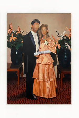 Coming of Age – Emmet Kierans, huile sur toile (180 × 125 cm, 2024). Peinture figurative contemporaine représentant un couple lors d’un bal de promo, inspirée de la culture visuelle populaire. Œuvre originale à vendre.