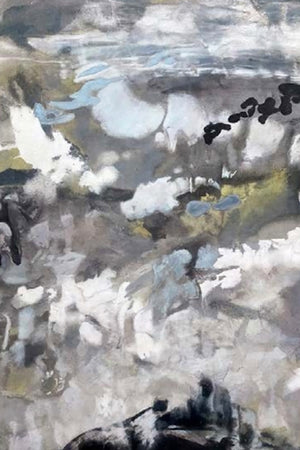 Détail de l'Œuvre abstraite de Gustavo Vejarano, peinture à l’huile et acrylique aux nuances grises, noires et jaunes, exposée par la Galerie Vermeulen – grand format, art contemporain en vente en ligne.