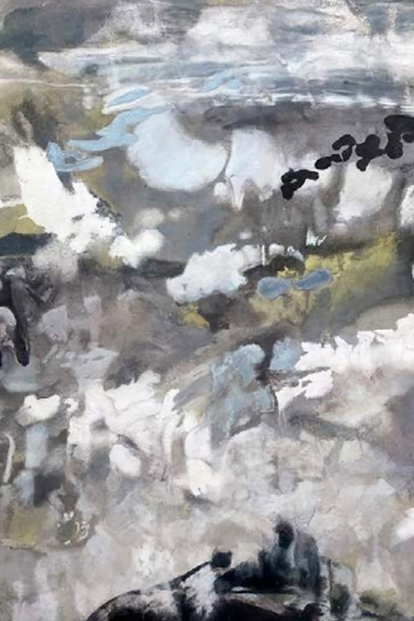 Détail de l'Œuvre abstraite de Gustavo Vejarano, peinture à l’huile et acrylique aux nuances grises, noires et jaunes, exposée par la Galerie Vermeulen – grand format, art contemporain en vente en ligne.