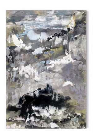 Œuvre abstraite de Gustavo Vejarano, peinture à l’huile et acrylique aux nuances grises, noires et jaunes, exposée par la Galerie Vermeulen – grand format, art contemporain en vente en ligne.