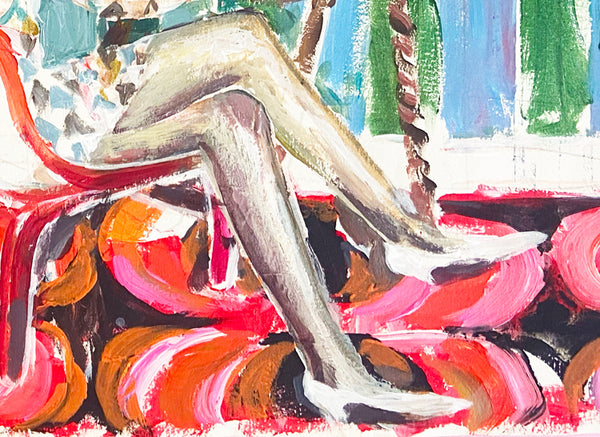 Détail des jambes de la peinture contemporaine intitulée “Autoportrait VI”, de Liliane Phung. La scène, située dans un intérieur au style rétro avec de la moquette 70s, est traitée dans une figuration expressive et texturée.