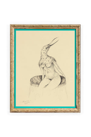 Œuvre encadrée signée Miss Van, réalisée à l'encre sur papier, personnage féminin assis avec tête d’oiseau. Cadre doré avec passe-partout turquoise.