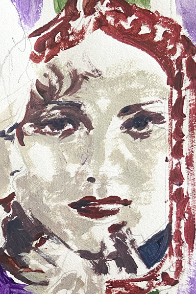 détail du visage de l'"Autoportrait V" de Liliane Phung, œuvre figurative contemporaine en acrylique et crayon sur papier, représentant une femme au miroir.