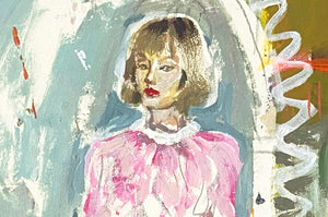 Détail d'une peinture figurative contemporaine "Autoportrait X" de Liliane Phung représentant une femme face à son reflet dans un miroir, entre intimité, mémoire et construction identitaire.