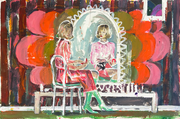 Peinture figurative contemporaine "Autoportrait X" de Liliane Phung représentant une femme face à son reflet dans un miroir, dans un décor rétro aux teintes rouges, roses et vertes, entre intimité, mémoire et construction identitaire.