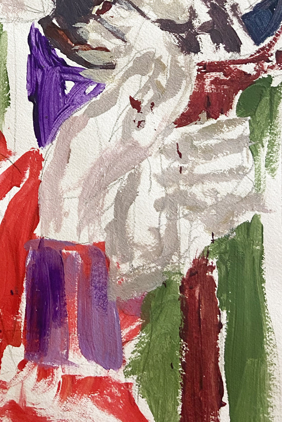 Détail des mains de l'oeuvre de Liliane Phung, "Autoportrait V", une oeuvre figurative contemporaine, acrylique et crayon sur papier. 
