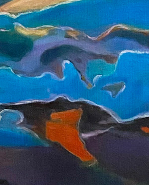 Détail de l’œuvre Ocaso de Gustavo Vejarano – peinture abstraite aux formes fluides et aux couleurs vives, entre orange, bleu,, violet, nuées beige et lignes blanches – présentée par la Galerie Vermeulen