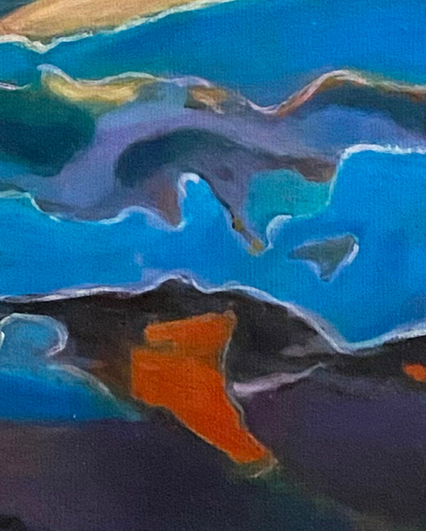 Détail de l’œuvre Ocaso de Gustavo Vejarano – peinture abstraite aux formes fluides et aux couleurs vives, entre orange, bleu,, violet, nuées beige et lignes blanches – présentée par la Galerie Vermeulen