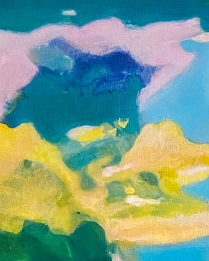 Détail de l’œuvre Ocaso de Gustavo Vejarano – peinture abstraite aux formes fluides et aux couleurs vives, entre ciel bleu, rose, nuées jaunes et profondeurs vertes – présentée par la Galerie Vermeulen