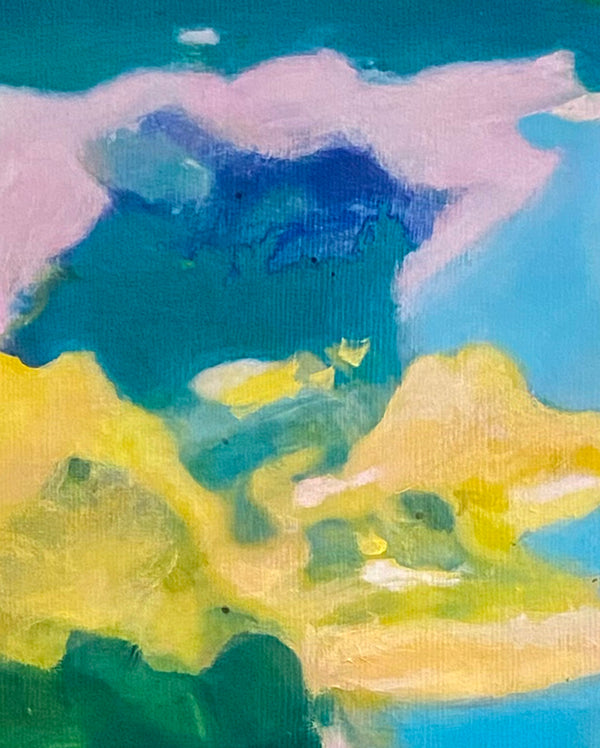 Détail de l’œuvre Ocaso de Gustavo Vejarano – peinture abstraite aux formes fluides et aux couleurs vives, entre ciel bleu, rose, nuées jaunes et profondeurs vertes – présentée par la Galerie Vermeulen