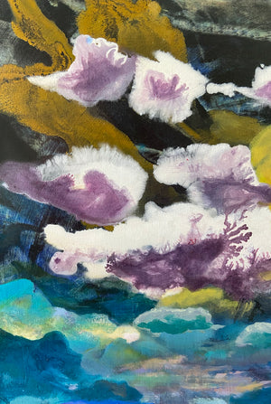 Peinture abstraite de Gustavo Vejarano aux textures organique et couleurs vibrantes – violet, bleu, or – proposée par la Galerie Vermeulen, art contemporain aux résonances poétiques, océaniques et chromatiques.