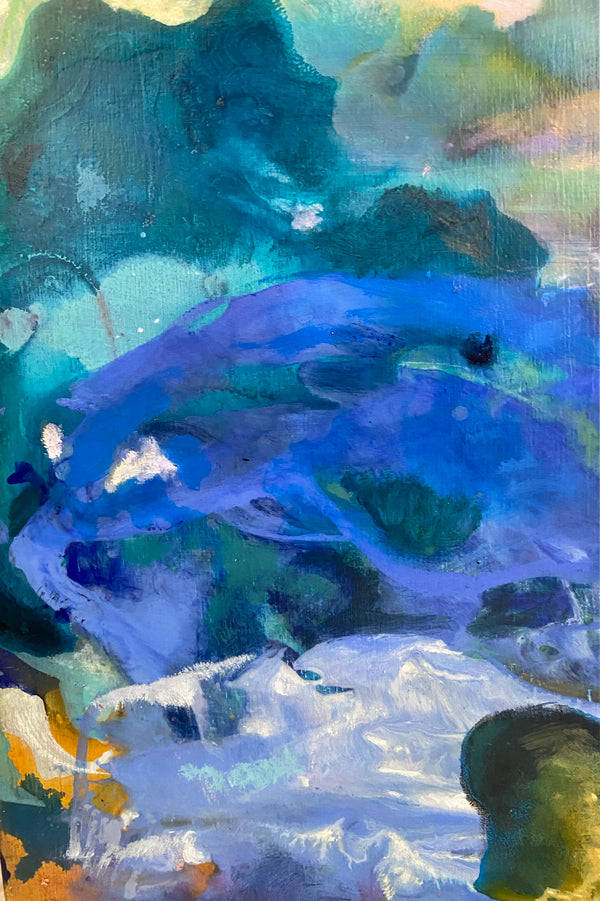 Détail de la peinture abstraite de Gustavo Vejarano aux textures organique et couleurs vibrantes – violet, bleu, or – proposée par la Galerie Vermeulen, art contemporain aux résonances poétiques, océaniques et chromatiques.