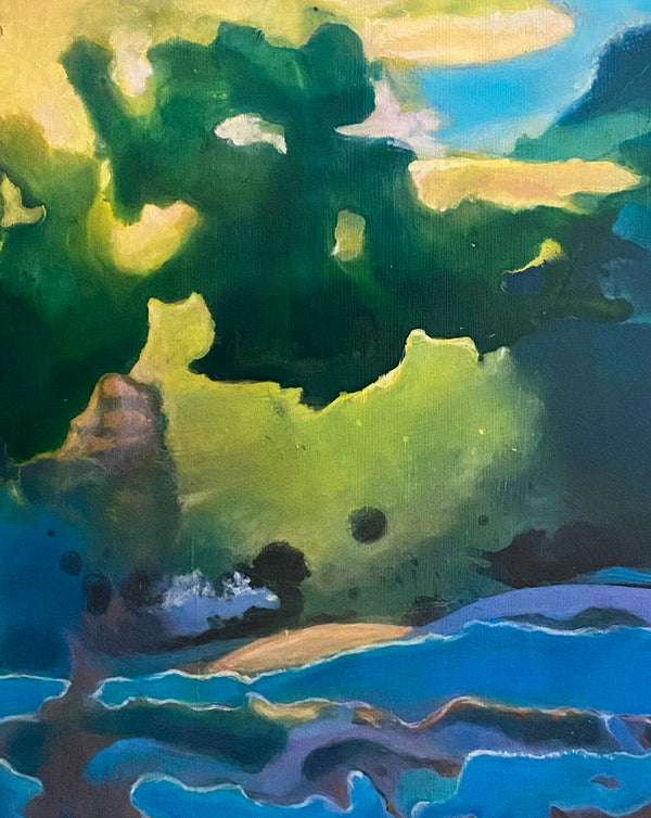 Détail de l’œuvre Ocaso de Gustavo Vejarano – peinture abstraite aux formes fluides et aux couleurs vives, entre ciel bleu, nuées jaunes et profondeurs vertes – présentée par la Galerie Vermeulen.