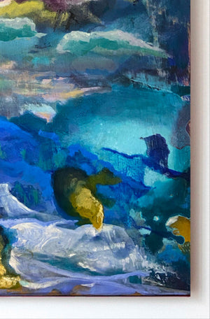 Détail de la peinture abstraite de Gustavo Vejarano aux textures organique et couleurs vibrantes – bleu, or, turquoise – proposée par la Galerie Vermeulen, art contemporain aux résonances poétiques, océaniques et chromatiques.