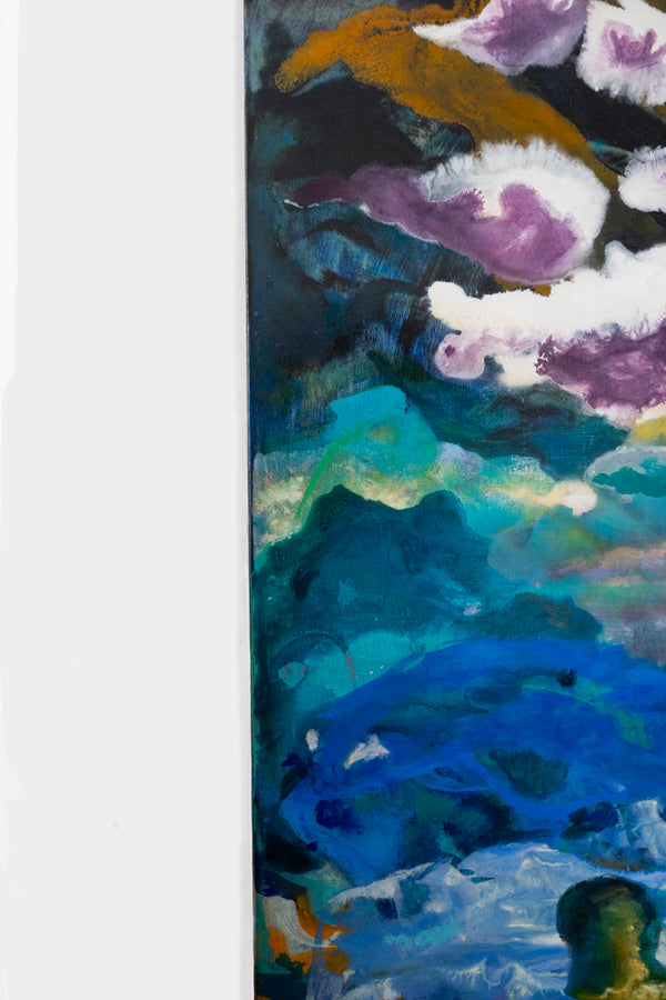 Détail de la peinture abstraite de Gustavo Vejarano aux textures organique et couleurs vibrantes – violet, bleu, vert, or – proposée par la Galerie Vermeulen, art contemporain aux résonances poétiques, océaniques et chromatiques.