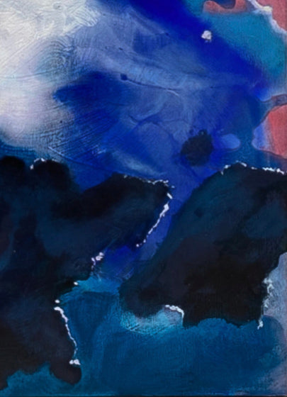 Détail de 'Ocaso Paris 6' de Gustavo Vejarano – peinture abstraite mêlant bleu électrique, bleu profond et rose, une composition gestuelle et chromatique, exposée par la Galerie Vermeulen à Paris.