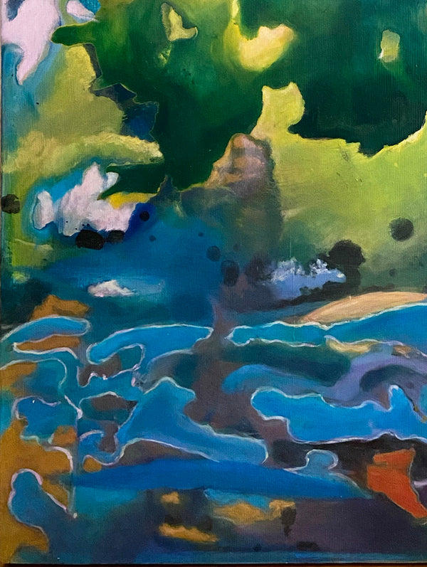 Détail de l’œuvre Ocaso de Gustavo Vejarano – peinture abstraite aux formes fluides et aux couleurs vives, entre ciel bleu, nuées jaunes et profondeurs vertes – présentée par la Galerie Vermeulen.