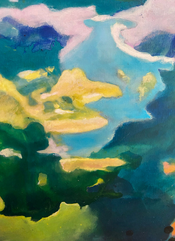 Détail de l’œuvre Ocaso de Gustavo Vejarano – peinture abstraite aux formes fluides et aux couleurs vives, entre ciel bleu, nuées jaunes et profondeurs vertes – présentée par la Galerie Vermeulen.