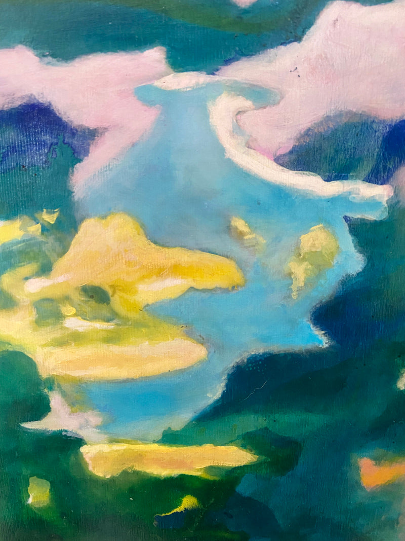 Détail de l’œuvre Ocaso de Gustavo Vejarano – peinture abstraite aux formes fluides et aux couleurs vives, entre rose, ciel bleu, nuées jaunes et profondeurs vertes – présentée par la Galerie Vermeulen