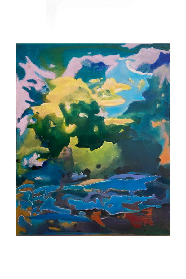 Peinture à l'huile 'Ocaso Paris 8' de Gustavo Vejarano – peinture abstraite aux formes fluides et aux couleurs vives, entre ciel bleu, nuées jaunes et profondeurs vertes – présentée par la Galerie Vermeulen.