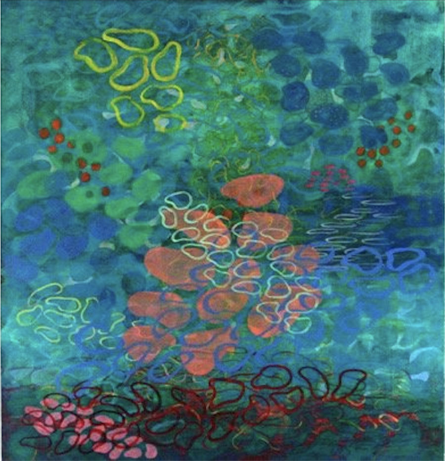 Oeuvre de l'artiste colombien Gustavo Vejarano, une peinture à l'huile organique, aquatique, aux couleurs vertes, bleues, oranges, jaunes, rouges. Une oeuvre d'art contemporain, présenté par la Galerie Vermeulen.