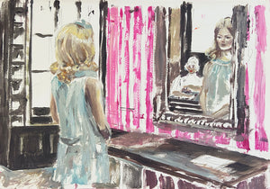 Peinture de figuration contemporaine intitulée “Autoportrait XV” de Liliane Phung. Une femme se tenant devant un miroir, les mains jointes. L’œuvre mêle codes esthétiques rétro et touche expressionniste, avec un papier peint rose à rayures. L’artiste explore la construction de l’image de soi à travers un style figuratif vibrant et théâtral.