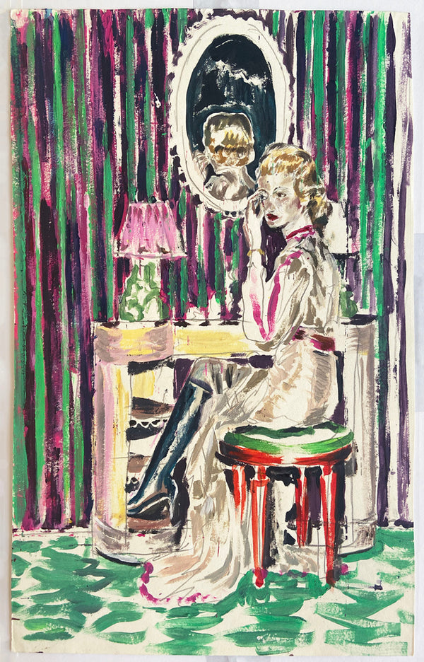 Détail de la peinture de figuration contemporaine intitulée “Chez Davoli” de Liliane Phung. Une femme assise devant une coiffeuse au miroir ovale. L’œuvre mêle codes esthétiques rétro et touche expressionniste, avec des rideaux rayés violets et verts, un tapis vert émeraude, et une lumière tamisée. L’artiste explore la construction de l’image de soi à travers un style figuratif vibrant et théâtral.