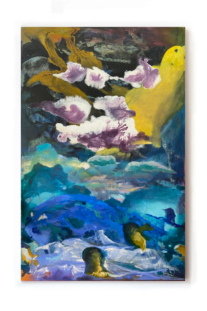 Peinture abstraite de Gustavo Vejarano 'Ocaso paris 3' aux textures organique et couleurs vibrantes – violet, bleu, or – proposée par la Galerie Vermeulen, art contemporain aux résonances poétiques, océaniques et chromatiques.