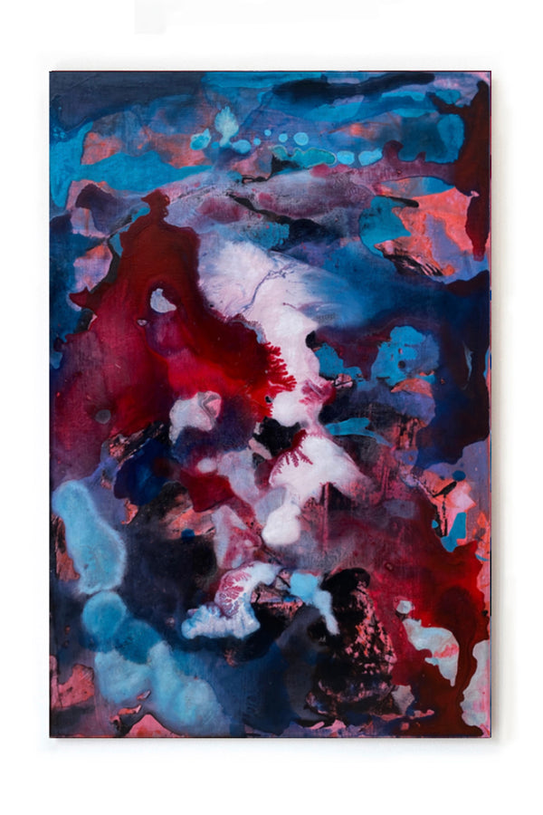 Œuvre abstraite de Gustavo Vejarano, peinture à l’huile et acrylique aux nuances rouges, bleues et blanches, exposée par la Galerie Vermeulen – petit format, art contemporain en vente en ligne.