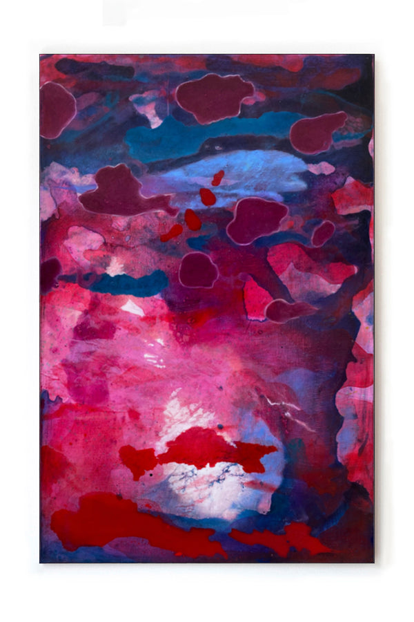 Tableau abstrait contemporain de GUSTAVO VEJARANO aux dominantes rose, bleu et rouge, peinture à l'huile sur toile vendue par la Galerie Vermeulen – œuvre expressive au style organique et coloré.
