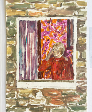 
Oeuvre sur papier contemporaine et figurative intitulée “Desastra” de Liliane Phung. Une femme en rouge, vue à travers une fenêtre encadrée de pierre, regarde vers l’extérieur. Derrière elle, un rideau fleuri aux teintes vives et un drapé violet suggèrent un intérieur à la fois intime et vibrant. L’œuvre évoque la solitude, l’attente ou l’échappée mentale, à travers une composition simple mais chargée d’émotion