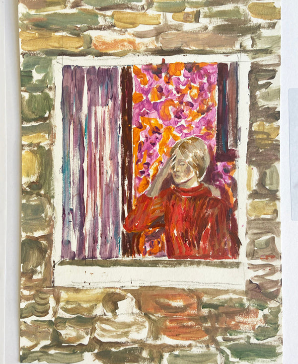 
Oeuvre sur papier contemporaine et figurative intitulée “Desastra” de Liliane Phung. Une femme en rouge, vue à travers une fenêtre encadrée de pierre, regarde vers l’extérieur. Derrière elle, un rideau fleuri aux teintes vives et un drapé violet suggèrent un intérieur à la fois intime et vibrant. L’œuvre évoque la solitude, l’attente ou l’échappée mentale, à travers une composition simple mais chargée d’émotion
