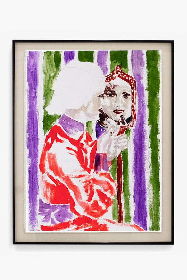 Peinture de Liliane Phung représentant une femme regardant son reflet dans un miroir à main, sur fond de rayures violettes et vertes – une œuvre contemporaine expressive, proposée par la Galerie Vermeulen.