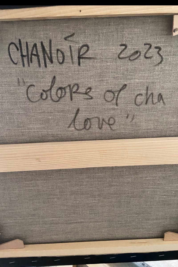 Signature de Colors of Cha Love (2023), du street artiste CHANOIR, une œuvre originale 50 × 50 cm, pastels et acrylique métallisée sur toile.