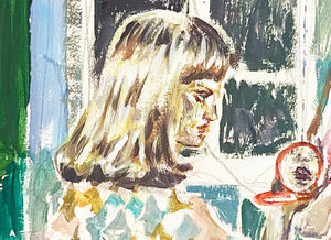 Détail de la peinture contemporaine intitulée “Autoportrait IV”, de Liliane Phung, représentant une femme regardant son reflet dans un miroir. La scène, située dans un intérieur au style rétro avec du papier-peint vert et bleu, est traitée dans une figuration expressive et texturée.